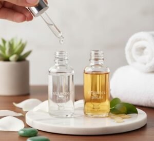 Hydrating serum for dry skin care routine with hyaluronic acid and vitamin E.