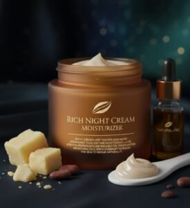 Rich night cream for dry skin care routine with shea butter, cocoa butter, and natural oils.