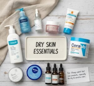 Dry skin care routine products including cleanser, moisturizer, serum, sunscreen, night cream, and facial oils.