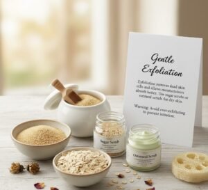 Sugar and oatmeal scrub for gentle exfoliation of dry skin.