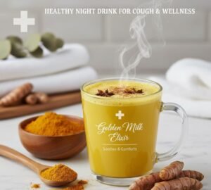 Natural Remedies for Cough turmeric milk (golden milk) in a glass with turmeric powder, showing a healthy night drink for cough relief.