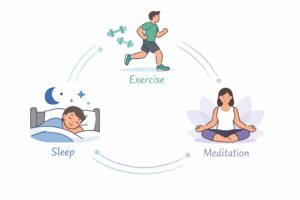 Icons showing sleep, exercise, and meditation for how to remove pimples naturally.