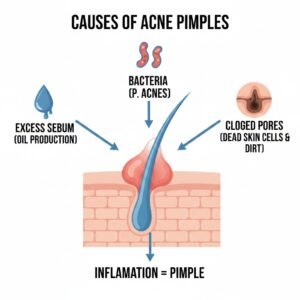 Diagram showing causes of pimples and how to remove pimples naturally, including excess oil, hormones, bacteria, and clogged pores.
