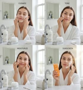 Step-by-step skincare routine showing how to remove pimples naturally: cleanse, tone, moisturize, and sunscreen.