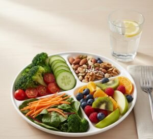 Healthy plate with fruits, vegetables, nuts, and water for how to remove pimples naturally.