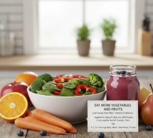 Infographic of fruits and vegetables like broccoli, spinach, carrots, berries, apples, and pears, highlighting low calories, high fiber, vitamins, and minerals