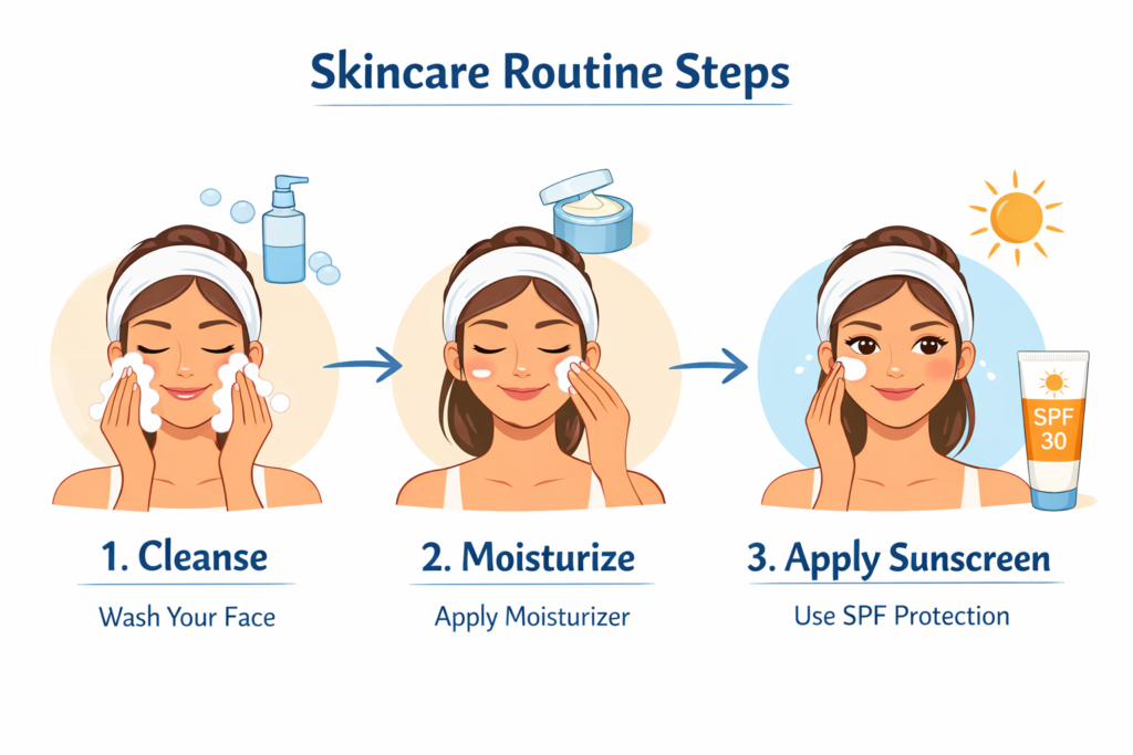 Step by step dermatologist recommended skin care routine.