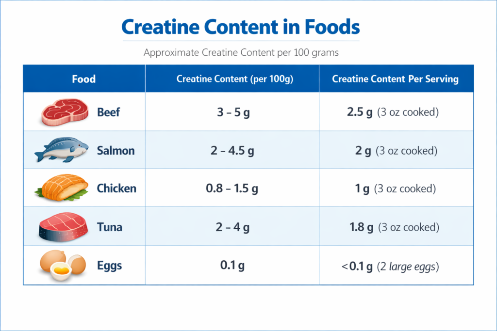 Table comparing creatine content in foods like beef, salmon, and pork.