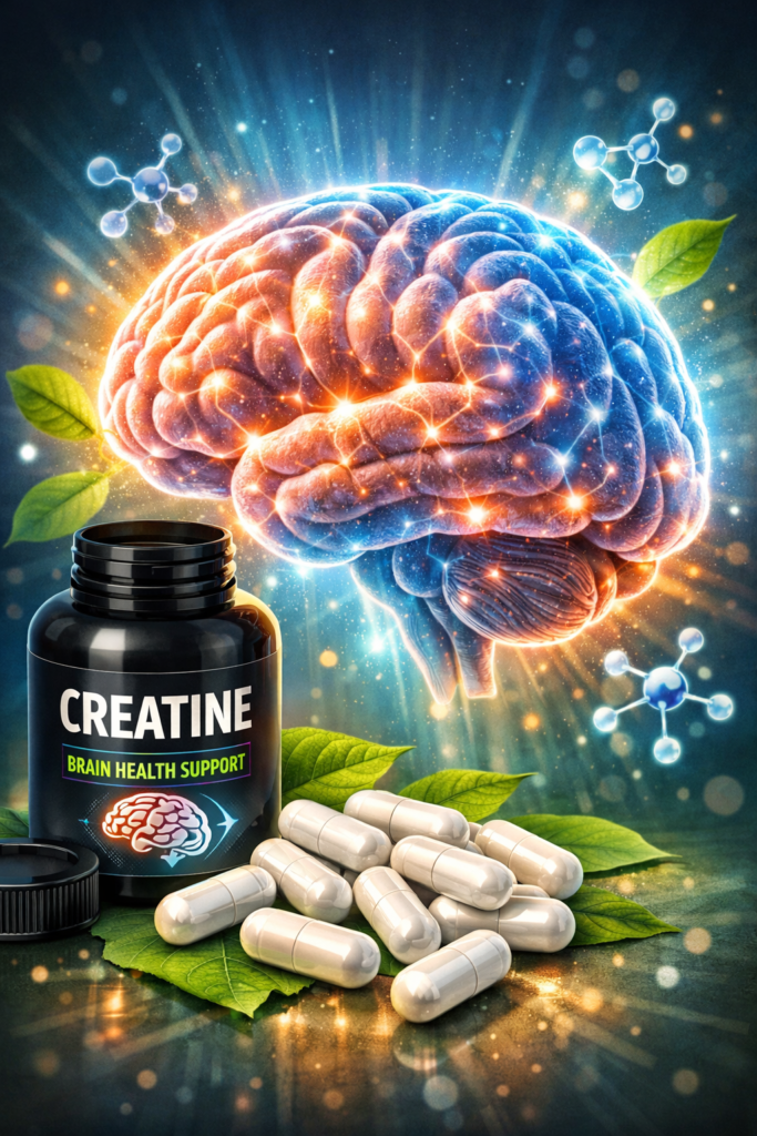 Digital art of a healthy brain with creatine capsules symbolizing cognitive support.