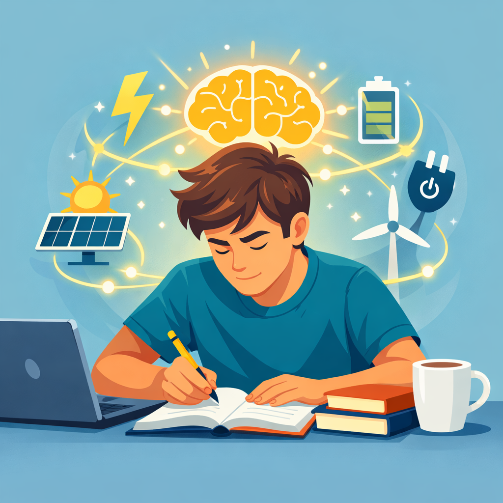 Focused person studying with energy icons representing improved brain function.