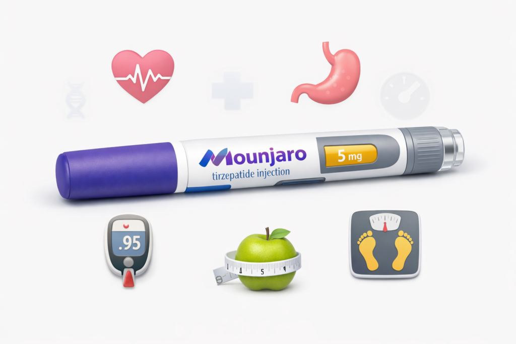 Mounjaro injection pen on white background representing weight loss and diabetes treatment.