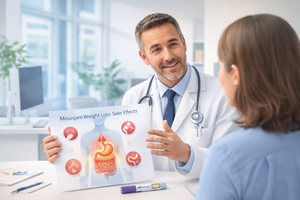 Doctor explaining Mounjaro weight loss side effects to a patient in a clinic.