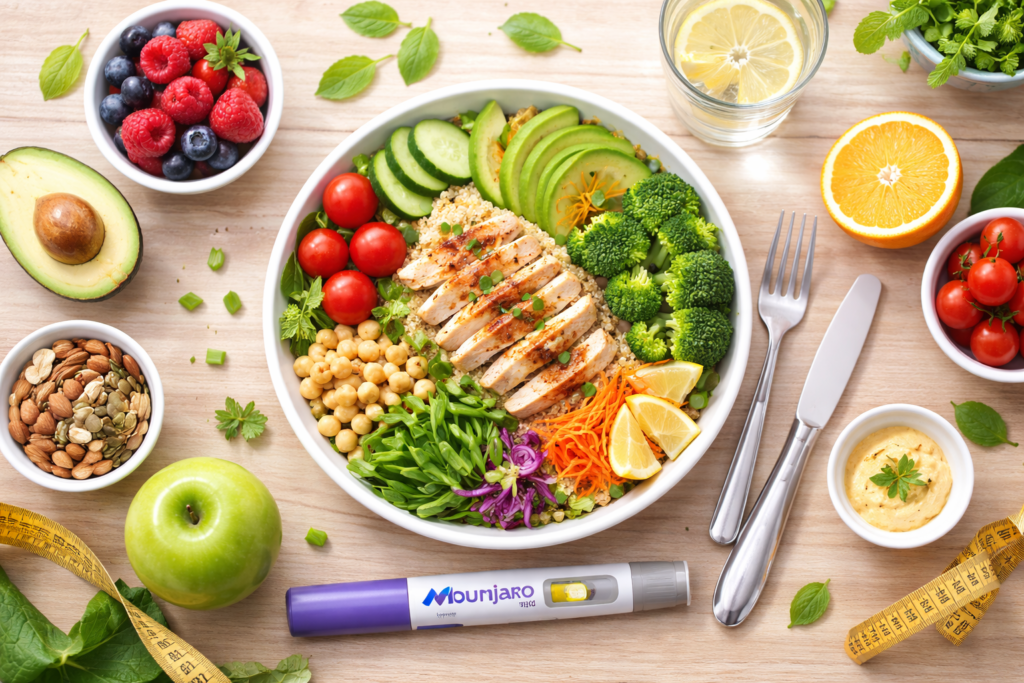Top view of healthy meal with fruits, vegetables, and water representing proper diet during weight loss medication.