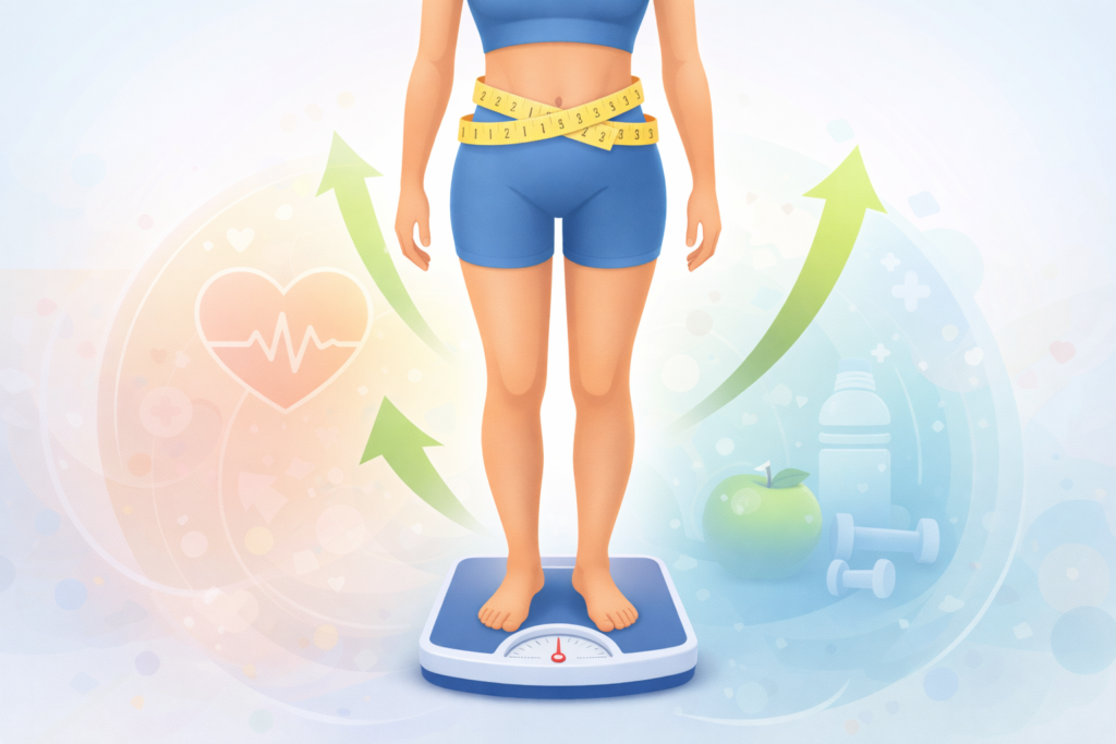 Person standing on scale with measuring tape showing weight loss progress.