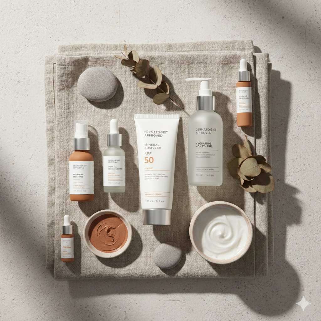 Flat lay of dermatologist-approved skincare products: cleanser, moisturizer, sunscreen, minimal neutral aesthetic.