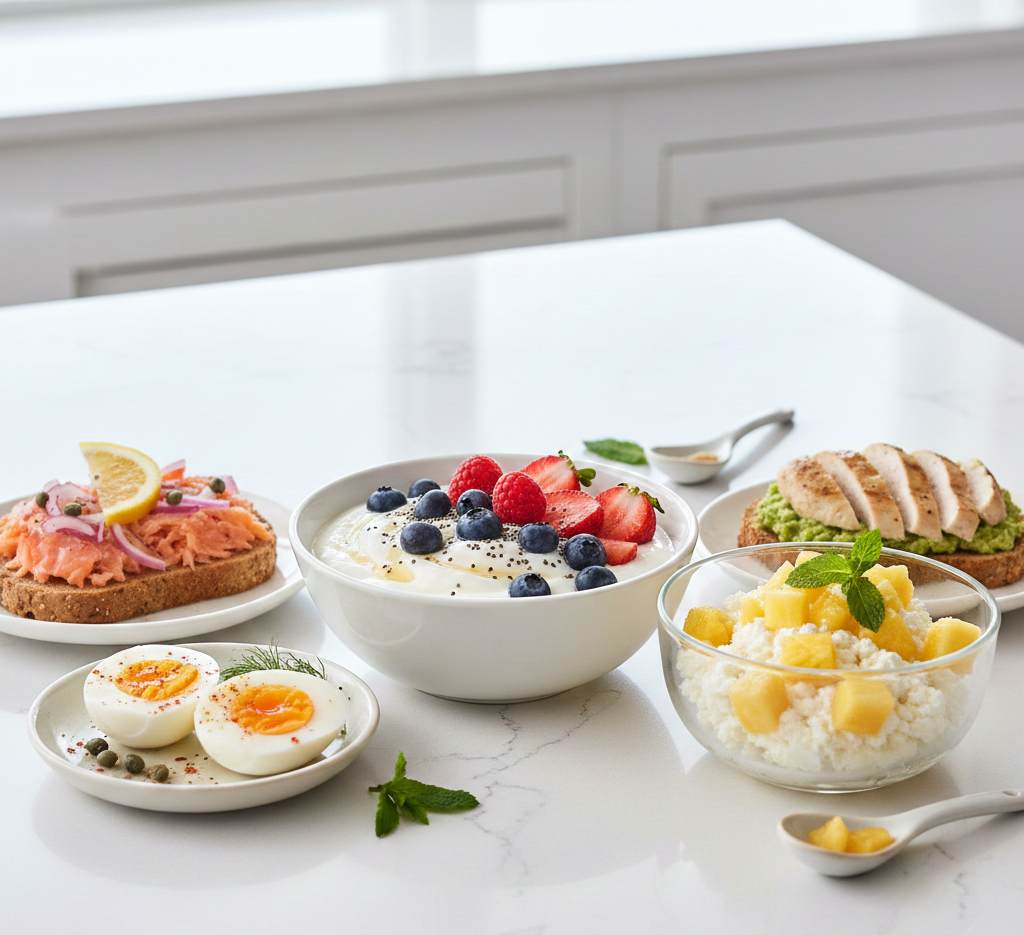Greek yogurt with berries, hard-boiled eggs, cottage cheese, salmon on toast as healthy snack recipes for weight loss.