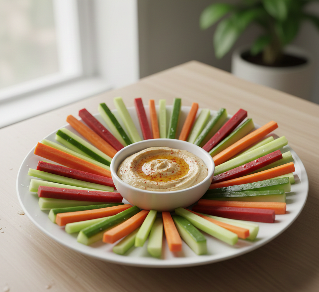 Veggie sticks with hummus as a healthy snack recipe for weight loss.