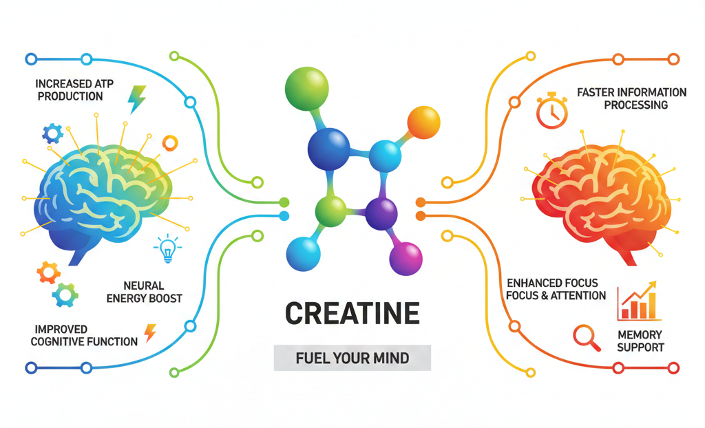 Infographic of creatine for brain health showing its role in brain energy, memory, and cognitive function.