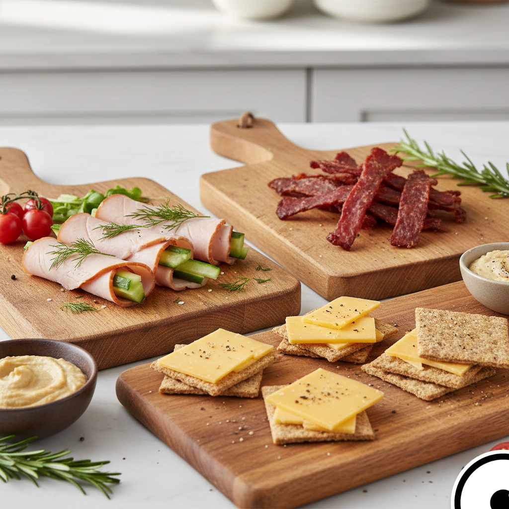 Turkey roll-ups, beef jerky, whole wheat crackers with cheese as healthy snack recipes for weight loss.