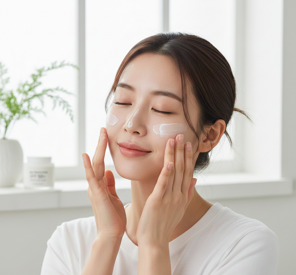 korean skin care sunscreen application step.