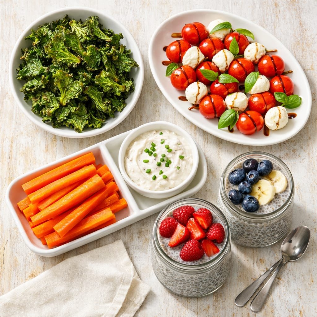 Kale chips, cherry tomatoes with mozzarella, carrot sticks with dip, chia pudding as healthy snack recipes for weight loss.
