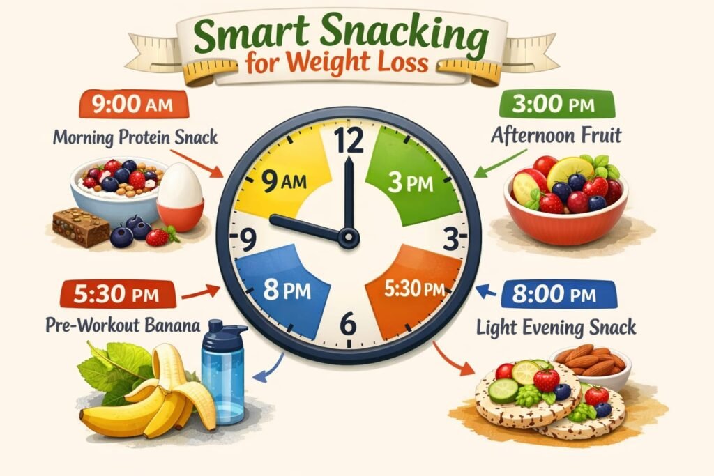 Healthy snacks scheduled throughout the day for weight management as healthy snack recipes for weight loss.