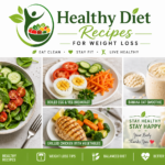Healthy diet recipes with grilled chicken salad, smoothie bowl, salmon, oatmeal, soup, and fresh fruit for weight loss