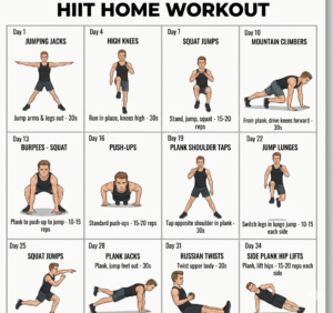 Home workout exercise routine performed indoors without equipment, focused on fitness training, weight loss, strength building, and healthy lifestyle improvement at home.